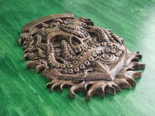 Load image into Gallery viewer, Skull and Octopus carved panel made of wood, wood wall art, carved skull of wood, wall decor carving, Santa Muerte, Dark Art
