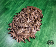Load image into Gallery viewer, Skull and Octopus carved panel made of wood, wood wall art, carved skull of wood, wall decor carving, Santa Muerte, Dark Art