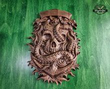 Load image into Gallery viewer, Skull and Octopus carved panel made of wood, wood wall art, carved skull of wood, wall decor carving, Santa Muerte, Dark Art