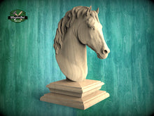 Load image into Gallery viewer, Horse Wooden Bust for Staircase Newel Post, Horse finial bed post, Horse statue of wood, Wooden Horse statue cap