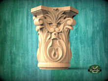 Load image into Gallery viewer, Ionic capital base decor, Acanthus applique, Unpainted, Decorative Carved Wooden Capital, wood onlays, wood wall art decor