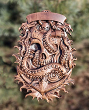 Load image into Gallery viewer, Skull and Octopus carved panel made of wood, wood wall art, carved skull of wood, wall decor carving, Santa Muerte, Dark Art