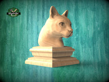 Load image into Gallery viewer, Cat Bust made of wood, Cat Wooden Finial for Staircase Newel Post, Cat finial bed post, Cat statue of wood