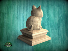 Load image into Gallery viewer, Kitty Statue made of wood, Kitten Wooden Finial for Staircase Newel Post, Cat finial bed post, Cat statue of wood