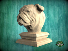 Load image into Gallery viewer, Bulldog Statue made of wood, Bulldog Wooden Finial for Staircase Newel Post, Bulldog finial bed post, Bulldog statue of wood