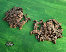 Load image into Gallery viewer, Pair of Skull in leaves carved panel made of wood, wood wall art, carved skull of wood, gift for him, Santa Muerte, Dark Art