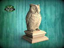 Load image into Gallery viewer, Owl #2 Wooden Finial for Staircase Newel Post, Owl finial bed post, Owl statue of wood, Decorative Newel Post Cap Bird Face