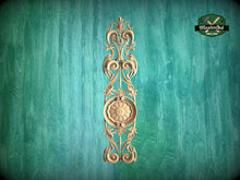 Load image into Gallery viewer, Elongated Renaissance Wooden Applique with Central Rosette, Unpainted, Carved decorative onlays, 1pc, Home Wall Embellishments
