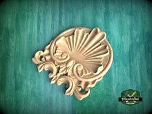 Load image into Gallery viewer, Scallop Shell Wooden Applique with Ornamental Scrolls, Wood Carved Applique Onlay, 1pc,Unpainted Home Wall Embellishments, Furniture Carving