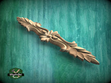 Load image into Gallery viewer, Vertical Wooden Applique with Leaf and Scroll Design, Interior decor appliques, 1pc, Unpainted, Furniture Carving, Wood Onlay