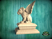 Load image into Gallery viewer, Handcrafted Wooden Gargoyle Sculpture on Tiered Base - Artisanal Gothic Guardian for Home DecorWooden Gargoyle statue cap