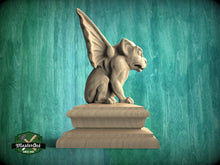 Load image into Gallery viewer, Handcrafted Wooden Gargoyle Sculpture on Tiered Base - Artisanal Gothic Guardian for Home DecorWooden Gargoyle statue cap