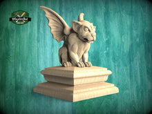 Load image into Gallery viewer, Handcrafted Wooden Gargoyle Sculpture on Tiered Base - Artisanal Gothic Guardian for Home DecorWooden Gargoyle statue cap