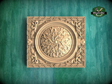 Load image into Gallery viewer, Rectangular Geometric Border Wooden Rosette with Central Filigree, 1 pc, Unpainted