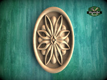 Load image into Gallery viewer, Oval Wooden Rosette with Geometric Petal Design, 1pc, Unpainted, Carved Onlay