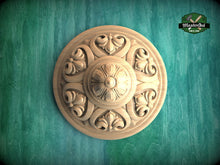 Load image into Gallery viewer, Ornate Wooden Ceiling Rosette with Acanthus Leaf Design, 1 pc, Unpainted, Home Wall Embellishments, round wooden trims, wood wall art decor