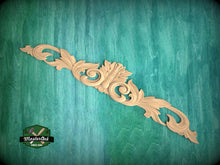 Load image into Gallery viewer, Wooden scrolled center applique, Unpainted wall embellishments, carved flower, horizontal decor, carved decoration of wood, wooden onlay