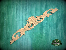 Load image into Gallery viewer, Wooden scrolled center applique, Unpainted wall embellishments, carved flower, horizontal decor, carved decoration of wood, wooden onlay