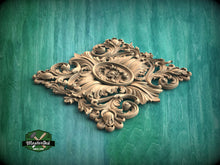 Load image into Gallery viewer, Majestic Wooden Baroque Applique with Central Symmetrical Flower, 1pc, Home Wall Embellishments, Furniture Carving, Wood Onlay, Unfinished
