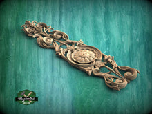 Load image into Gallery viewer, Elongated Renaissance Wooden Applique with Central Rosette, Unpainted, Carved decorative onlays, 1pc, Home Wall Embellishments