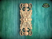 Load image into Gallery viewer, Vertical Symmetrical Acanthus Leaf Wooden Applique, 1pc, Unfinished, Home Wall Embellishments, Furniture Carving, Wood Onlay