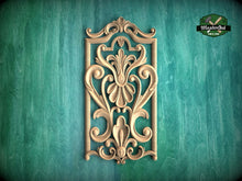 Load image into Gallery viewer, Rectangular Baroque Wooden Panel with Fleur-de-Lis Accent, Carved Wood Onlay, 1pc, Unpainted, Furniture Carving, Wood Onlay