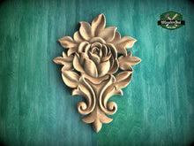 Load image into Gallery viewer, Blooming Rose Wooden Applique with Leafy Accents, 1pc, Unpainted, Home Wall Embellishments, Furniture Carving, Wood Onlay