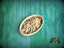 Load image into Gallery viewer, Oval Wooden Rosette with Geometric Petal Design, 1pc, Unpainted, Carved Onlay