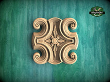 Load image into Gallery viewer, Cross-Shaped Wooden Rosette with Scrollwork, 1 piece, Unpainted, Home Wall Embellishments, square wood onlays, wood wall art decor