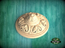 Load image into Gallery viewer, Ornate Wooden Ceiling Rosette with Acanthus Leaf Design, 1 pc, Unpainted, Home Wall Embellishments, round wooden trims, wood wall art decor