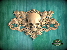 Load image into Gallery viewer, Baroque Reaper's Crest , 1pc, Horizontal wooden floral center onlay with skull, horizontal decor, carved decoration of wood, wooden onlay
