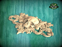 Load image into Gallery viewer, Baroque Reaper's Crest , 1pc, Horizontal wooden floral center onlay with skull, horizontal decor, carved decoration of wood, wooden onlay