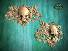 Load image into Gallery viewer, Baroque Reaper's Crest , 1pc, Horizontal wooden floral center onlay with skull, horizontal decor, carved decoration of wood, wooden onlay