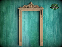 Load image into Gallery viewer, Regal Portal: Ornate Carved Wooden Door Frame, 1pc, Unpainted, Carved Door Casing Trim, Door Interior or Room Pass Through, Fireplace Mantel