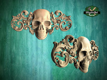 Load image into Gallery viewer, Gothic Elegance Wooden Applique, 1 pc, Horizontal wooden floral center onlay with skull, horizontal decor, carved decoration of wood