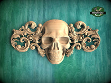 Load image into Gallery viewer, Gothic Elegance Wooden Applique, 1 pc, Horizontal wooden floral center onlay with skull, horizontal decor, carved decoration of wood