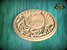 Load image into Gallery viewer, Majestic Peafowl: Regal Round Carved Wooden Rosette, 1 pc, Unpainted, Decorative Rosettes, Home Wall Embellishments, Round Wooden Onlays