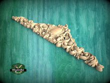 Load image into Gallery viewer, Carved Regal Crest Wooden Applique, Baroque Scrollwork Elegance, 1pc, Home Wall Embellishments, Furniture Carving, Horizontal Wood Onlay