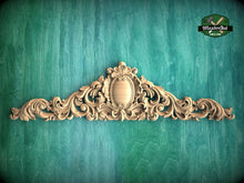 Load image into Gallery viewer, Carved Regal Crest Wooden Applique, Baroque Scrollwork Elegance, 1pc, Home Wall Embellishments, Furniture Carving, Horizontal Wood Onlay