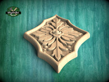 Load image into Gallery viewer, Elegant Floriate Crest: Vertical Wooden Carving, 1pc, Unpainted, Carved Onlay, Wooden Rosette, Applique furniture decor