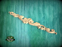 Load image into Gallery viewer, Elegant Floral and Scroll Wood Carved Onlay, Classic Furniture Embellishment, 1 piece, Unpainted, applique for fireplace surround and mantel