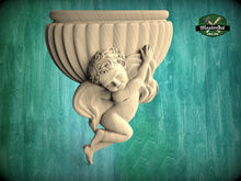 Load image into Gallery viewer, Cherubic Embrace - Wood Carved Onlay, 1pc, Angel with wings, Carved Angel, religion decor, carved decoration of wood, wooden onlay