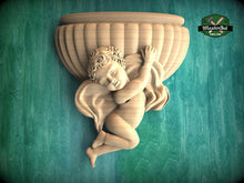 Load image into Gallery viewer, Cherubic Embrace - Wood Carved Onlay, 1pc, Angel with wings, Carved Angel, religion decor, carved decoration of wood, wooden onlay
