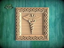 Load image into Gallery viewer, Caduceus Symbol Carved Wood Rosette, Medical Office Decor, Square Carved Decor, 1pc, Unpainted, Home Wall Embellishments, Wood Onlay