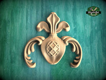 Load image into Gallery viewer, Heraldic Elegance: Central Carved Wood Appliqué, 1 piece, Unpainted, Home Wall Embellishments, wooden trims, wood wall art decor