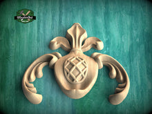 Load image into Gallery viewer, Heraldic Elegance: Central Carved Wood Appliqué, 1 piece, Unpainted, Home Wall Embellishments, wooden trims, wood wall art decor