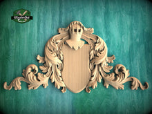 Load image into Gallery viewer, Regal Acanthus Leaf Wood Onlay, Heraldic Shield for Stately Decor, 1 pc, Unpainted, decorative wood trim