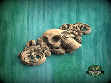 Load image into Gallery viewer, Gothic Elegance Wooden Applique, 1 pc, Horizontal wooden floral center onlay with skull, horizontal decor, carved decoration of wood