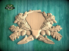 Load image into Gallery viewer, Wooden Medallion Onlay, Rustic Oak and Acorn Design, Wood Onlay with Acorn Motif, 1 pc, Unpainted, Home Wall Embellishments, wooden trims