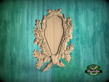 Load image into Gallery viewer, Wooden Medallion Onlay, Rustic Oak and Acorn Design, Wood Onlay with Acorn Motif, 1 pc, Unpainted, Home Wall Embellishments, wooden trims
